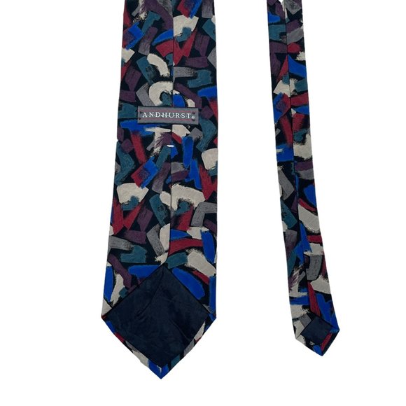Andhurst Men's Abstract Black Red Blue Tan Classic Silk Necktie - Picture 3 of 6